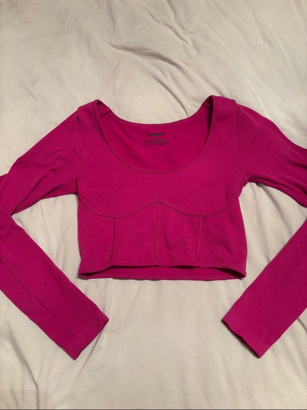 Garage Hot Pink Ribbed Long Sleeve Scoop Crop Top